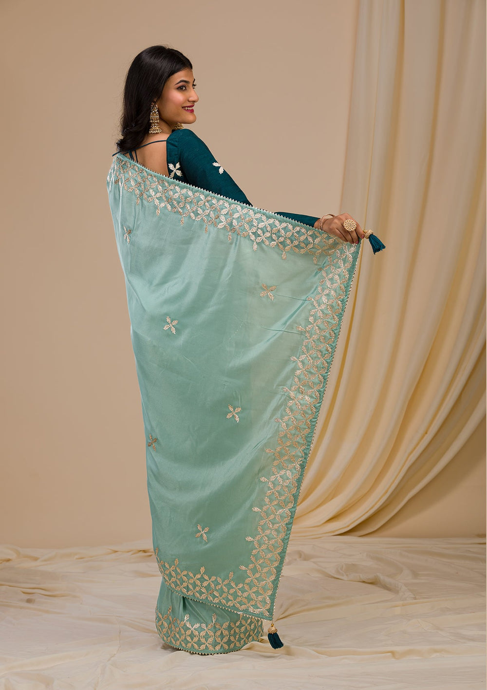 Sea Green Gotapatti Semi Crepe Saree-Koskii