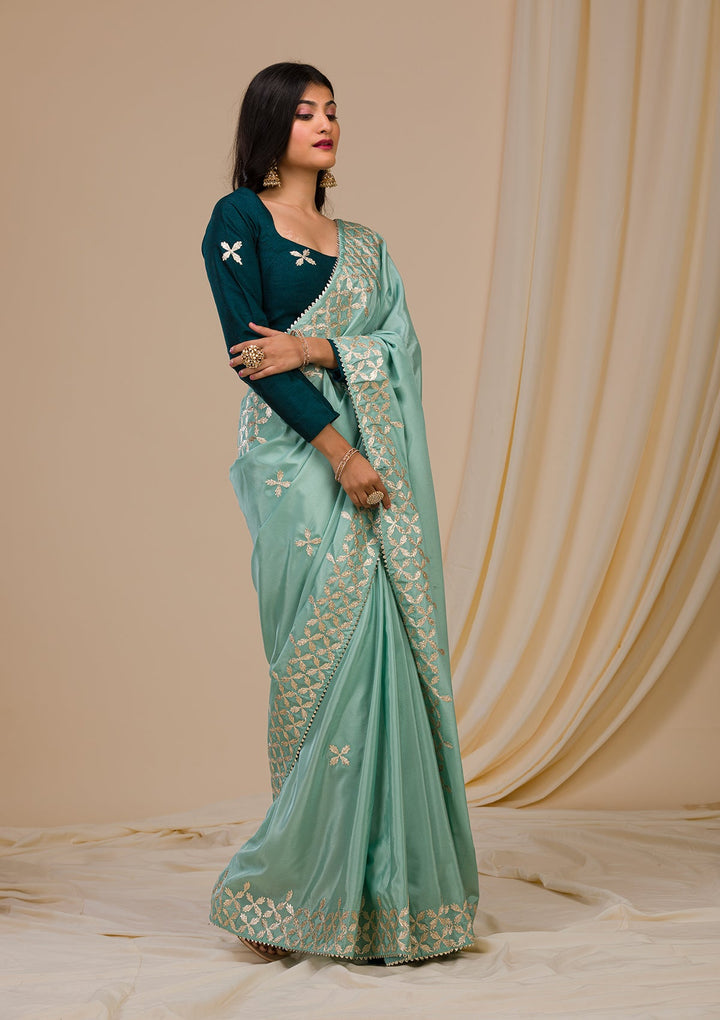 Sea Green Gotapatti Semi Crepe Saree-Koskii