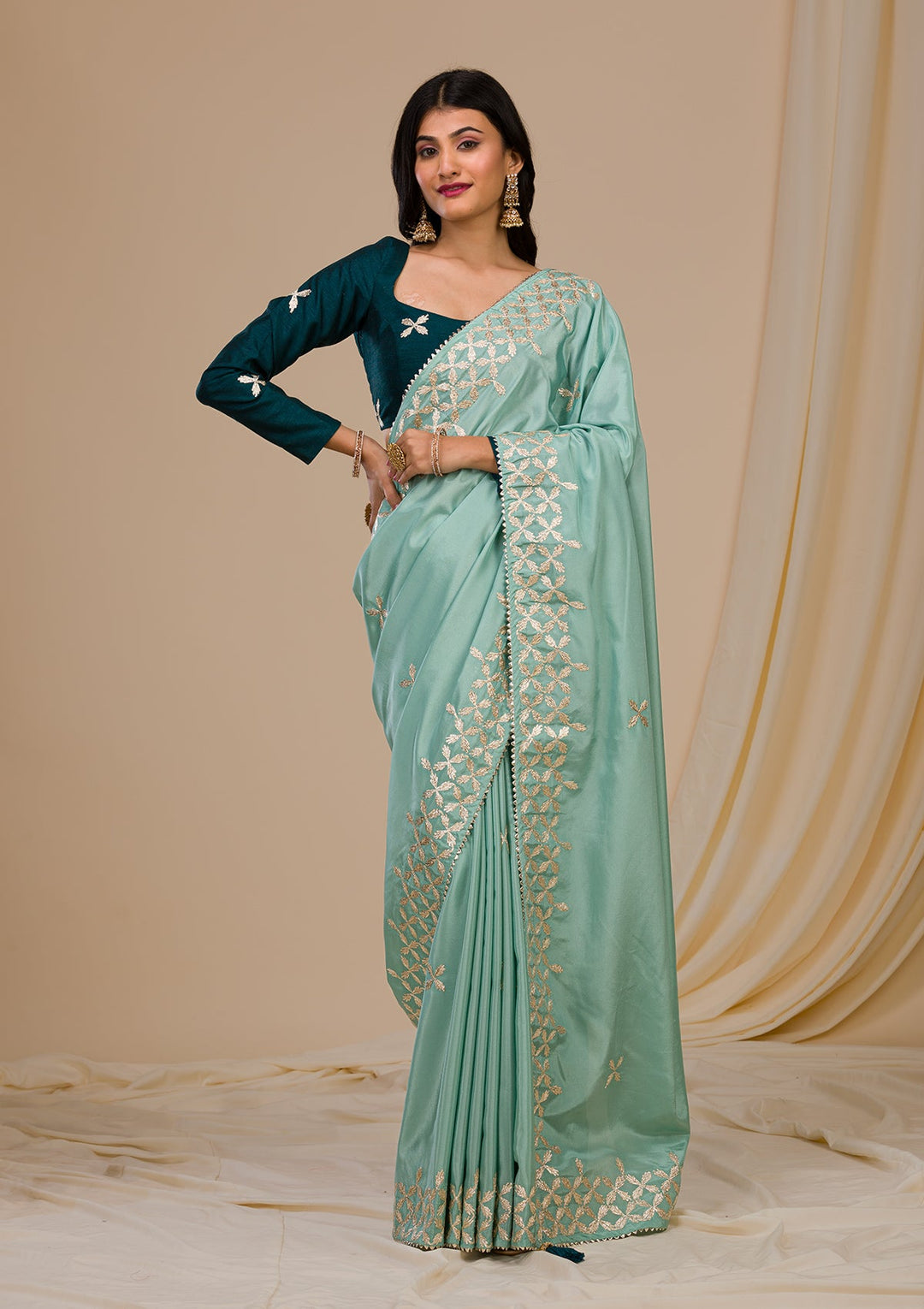 Sea Green Gotapatti Semi Crepe Saree-Koskii