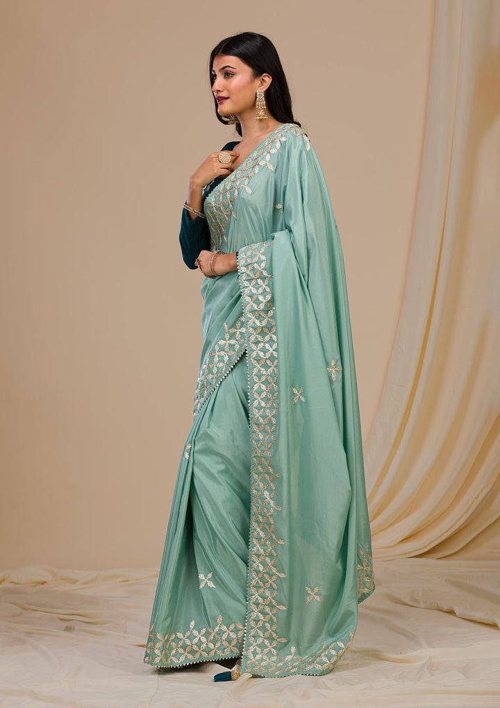 Sea Green Gotapatti Semi Crepe Saree-Koskii