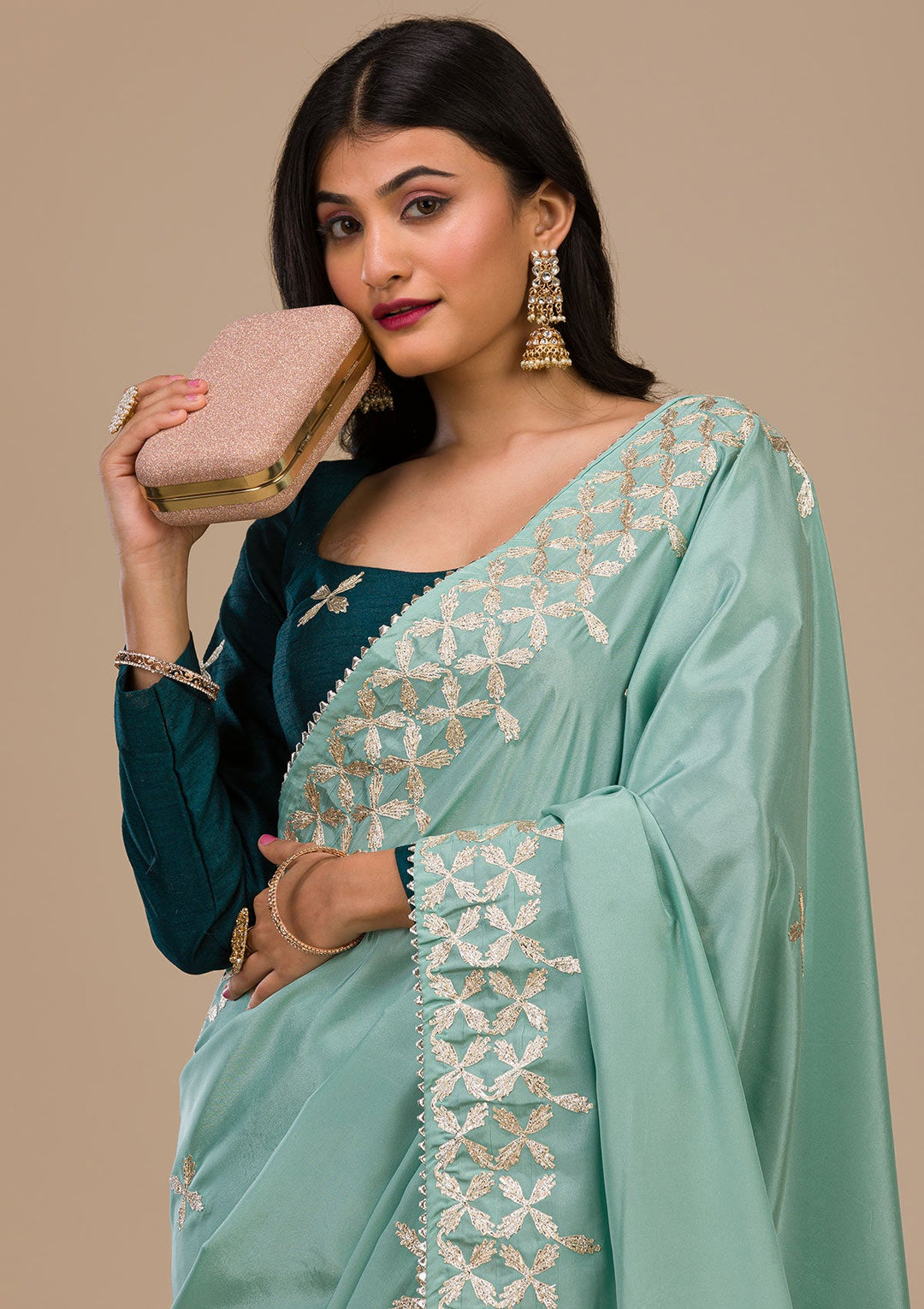 Sea Green Gotapatti Semi Crepe Saree-Koskii
