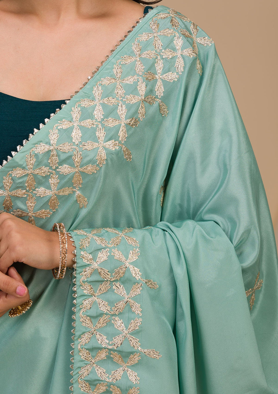 Sea Green Gotapatti Semi Crepe Saree-Koskii