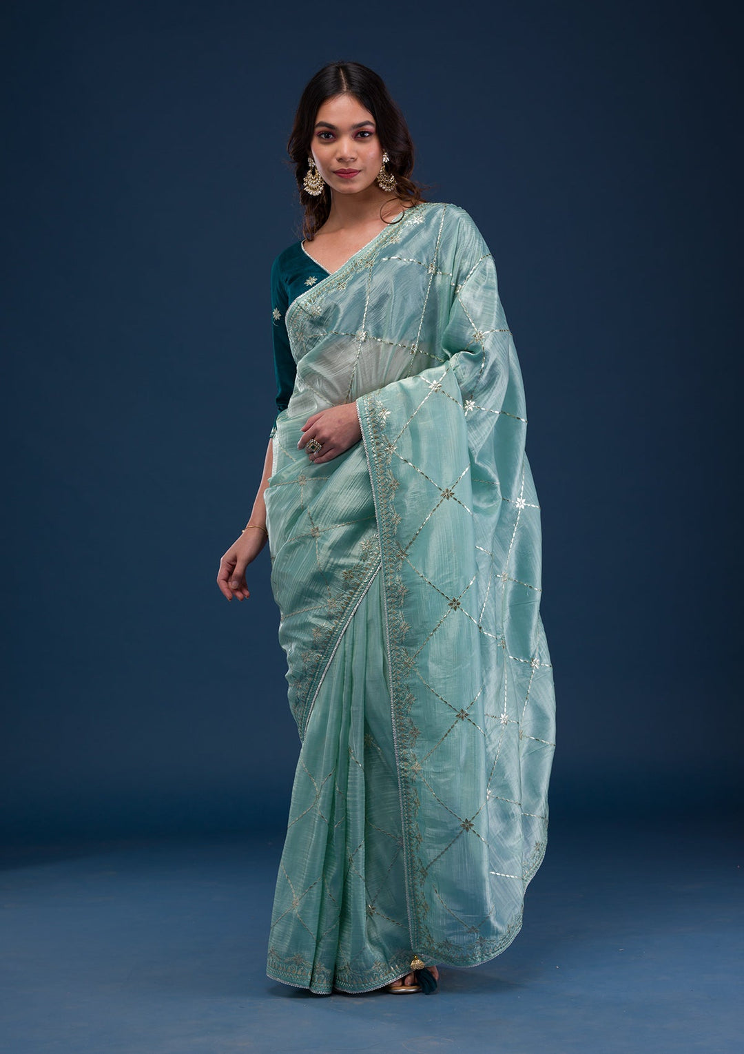 Sea Green Gotapatti Tissue Saree-Koskii