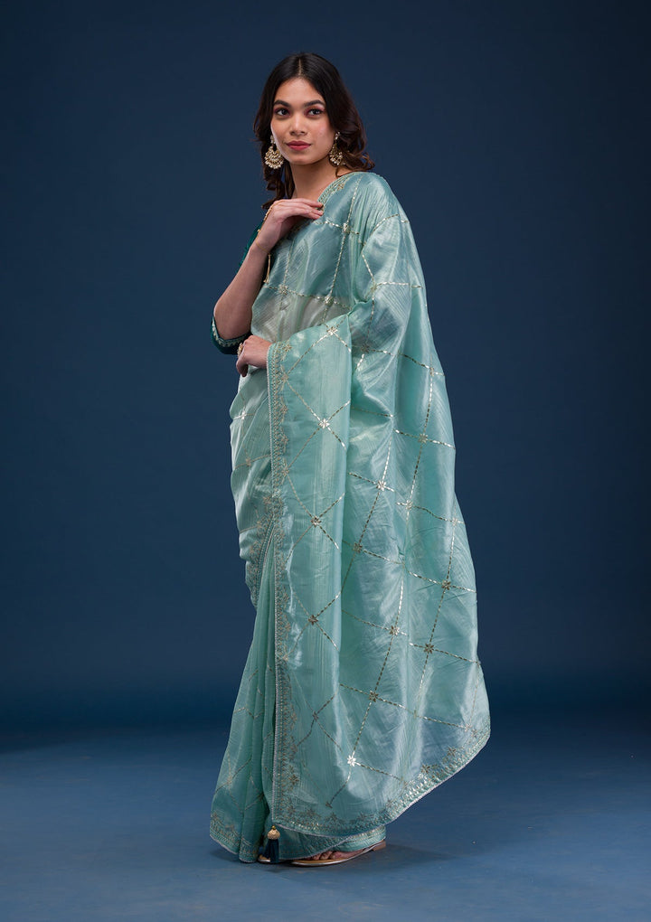 Sea Green Gotapatti Tissue Saree-Koskii