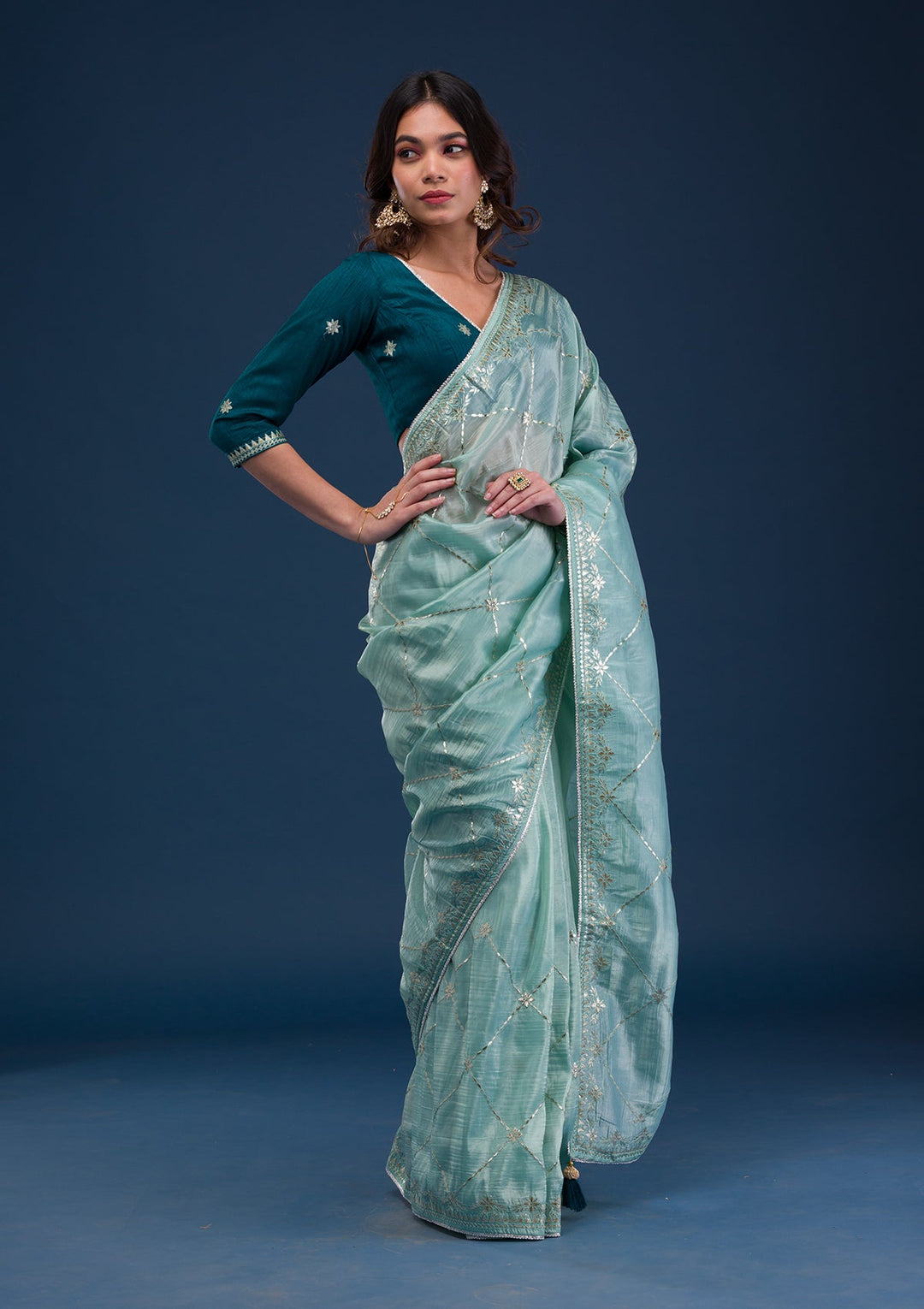 Sea Green Gotapatti Tissue Saree-Koskii