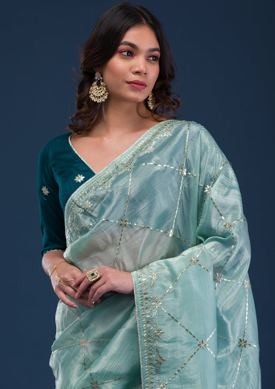 Sea Green Gotapatti Tissue Saree-Koskii
