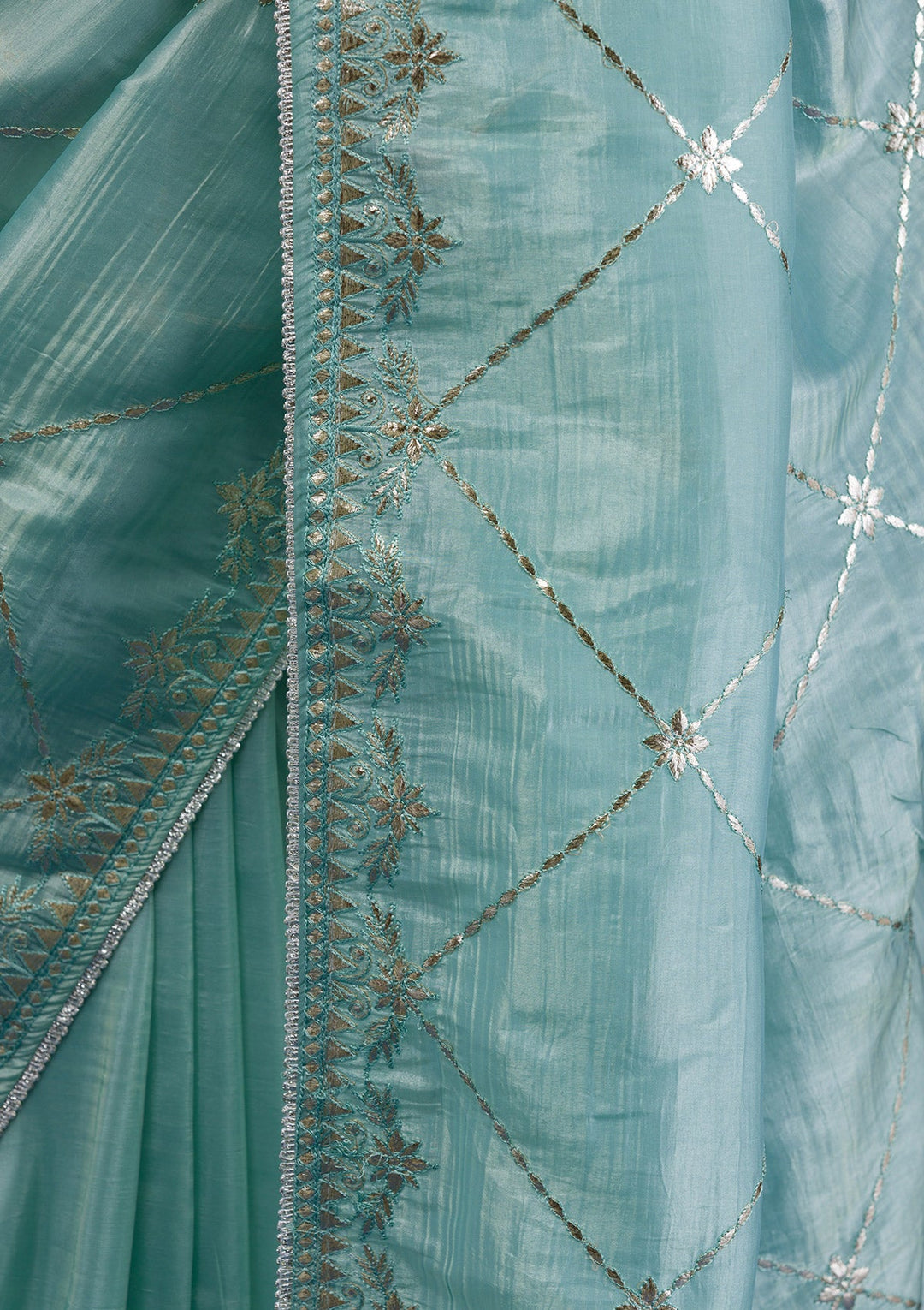 Sea Green Gotapatti Tissue Saree-Koskii