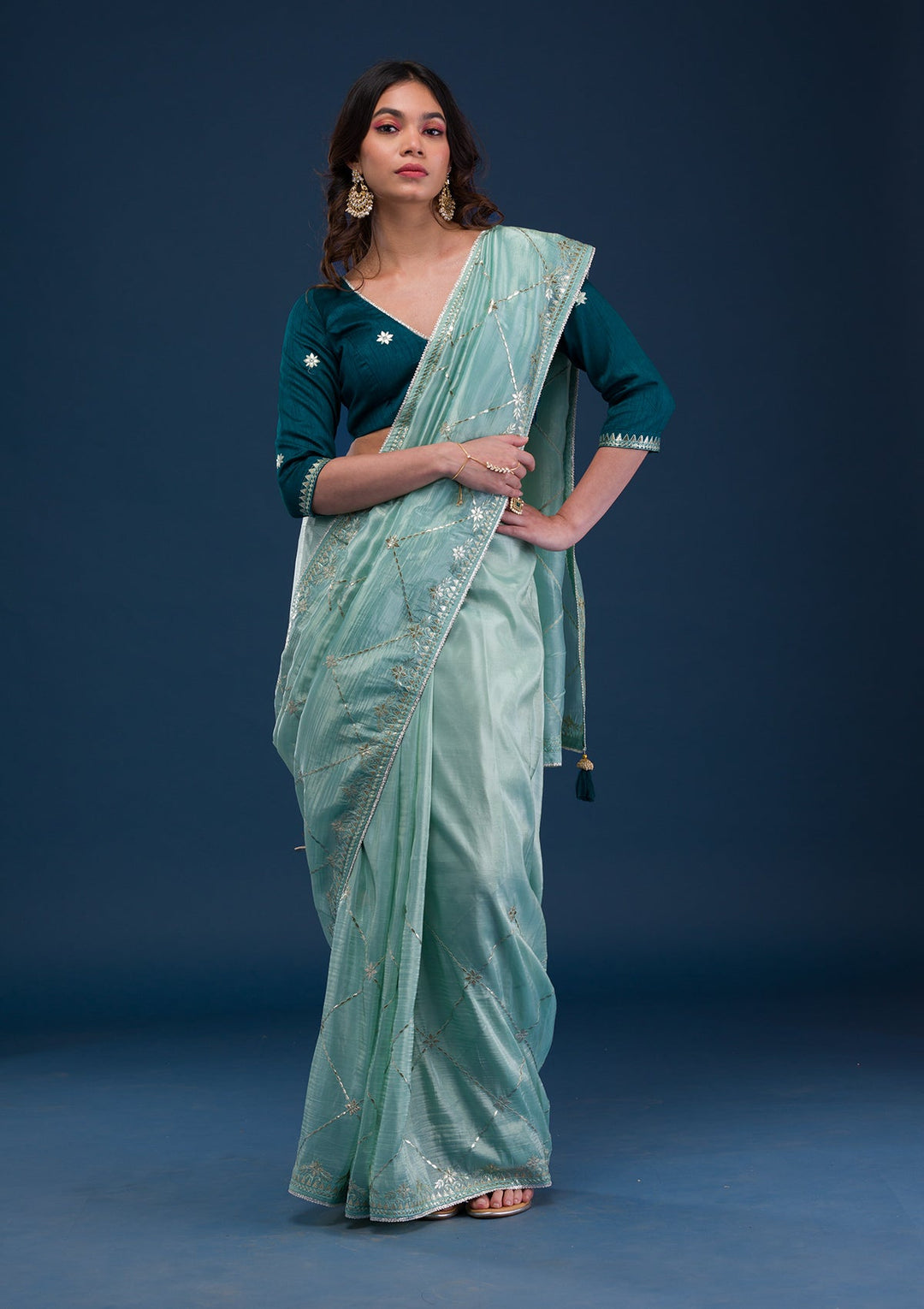 Sea Green Gotapatti Tissue Saree-Koskii