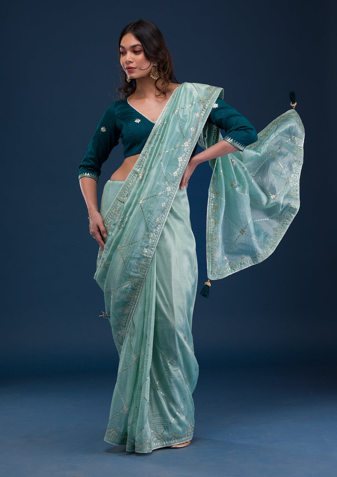 Sea Green Gotapatti Tissue Saree-Koskii