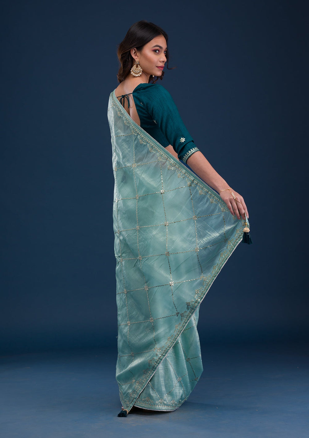 Sea Green Gotapatti Tissue Saree-Koskii