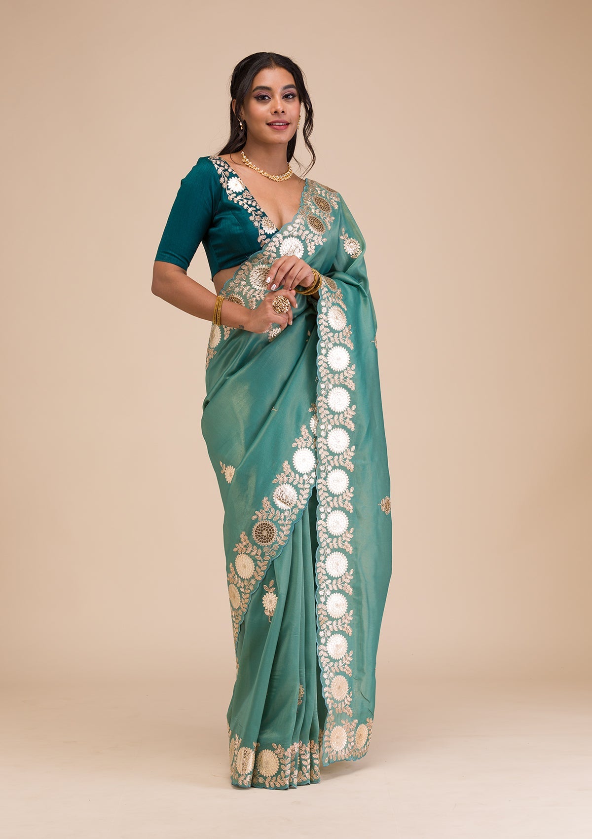 Sea Green Gotapatti Tissue Saree-Koskii