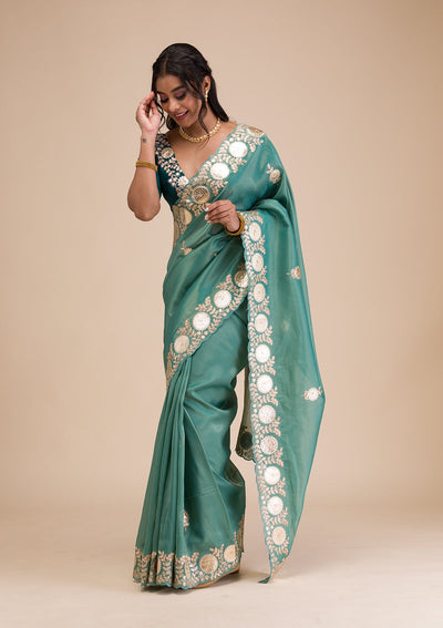 Sea Green Gotapatti Tissue Saree-Koskii