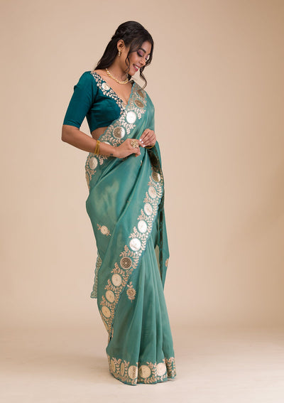 Sea Green Gotapatti Tissue Saree-Koskii