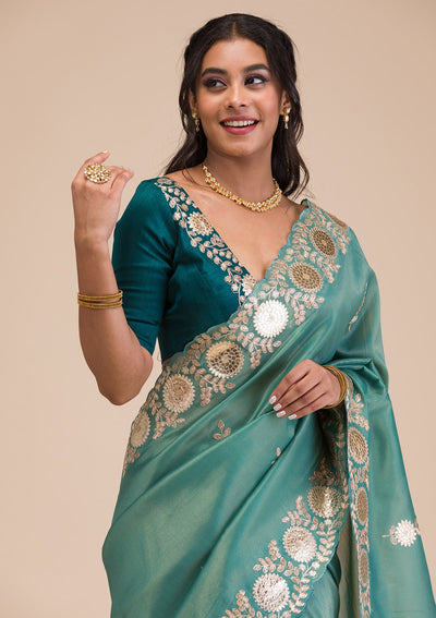 Sea Green Gotapatti Tissue Saree-Koskii