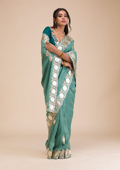 Sea Green Gotapatti Tissue Saree-Koskii