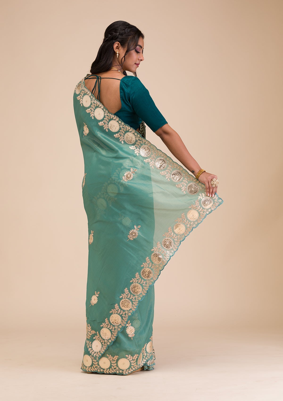 Sea Green Gotapatti Tissue Saree-Koskii