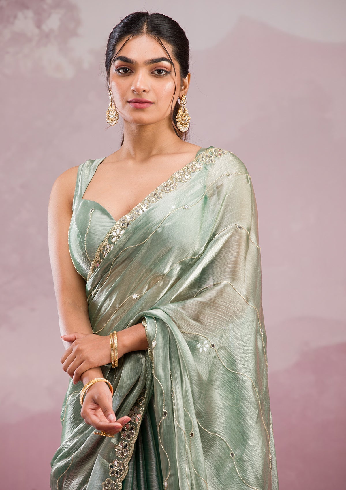 Sea Green Mirrorwork Georgette Saree-Koskii