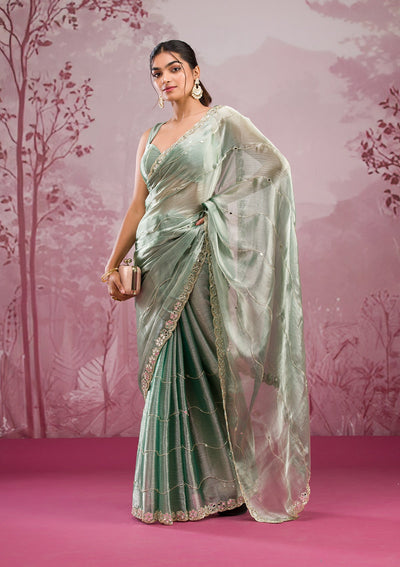 Sea Green Mirrorwork Georgette Saree-Koskii