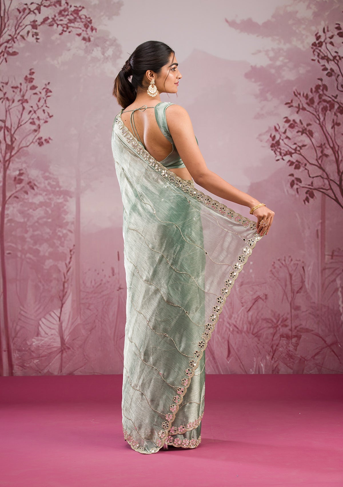 Sea Green Mirrorwork Georgette Saree-Koskii