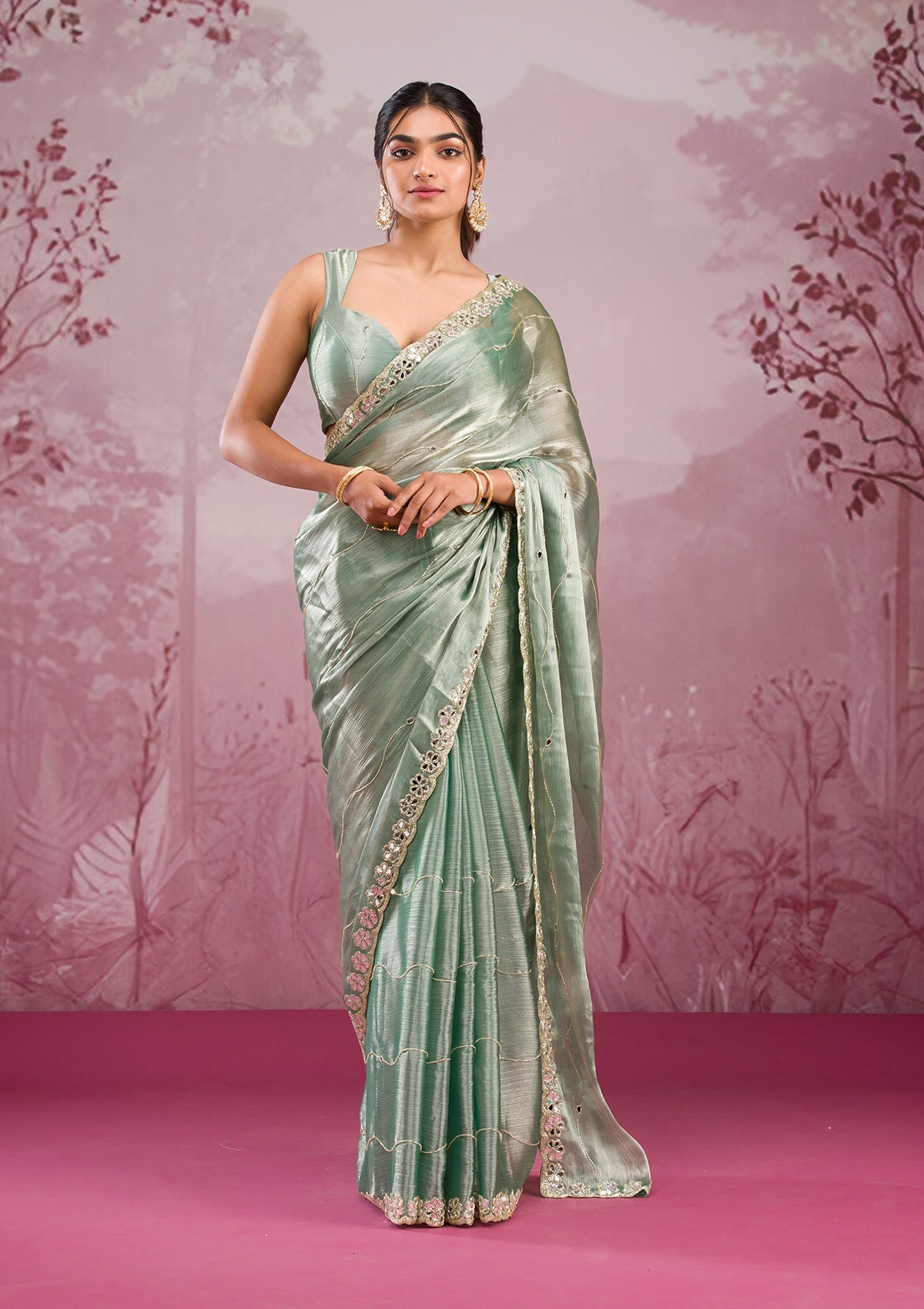 Sea Green Mirrorwork Georgette Saree-Koskii