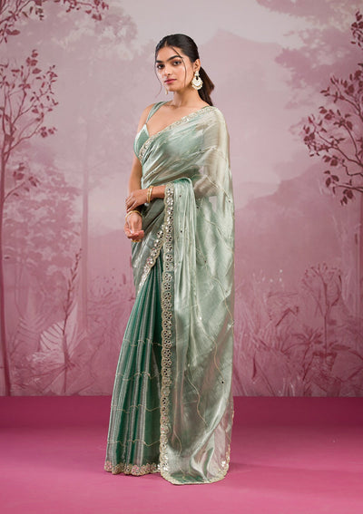 Sea Green Mirrorwork Georgette Saree-Koskii