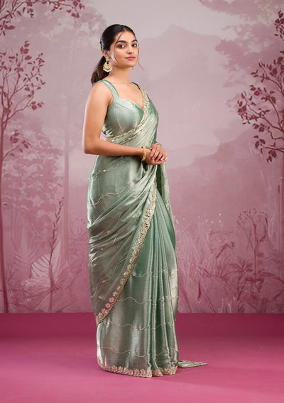 Sea Green Mirrorwork Georgette Saree-Koskii