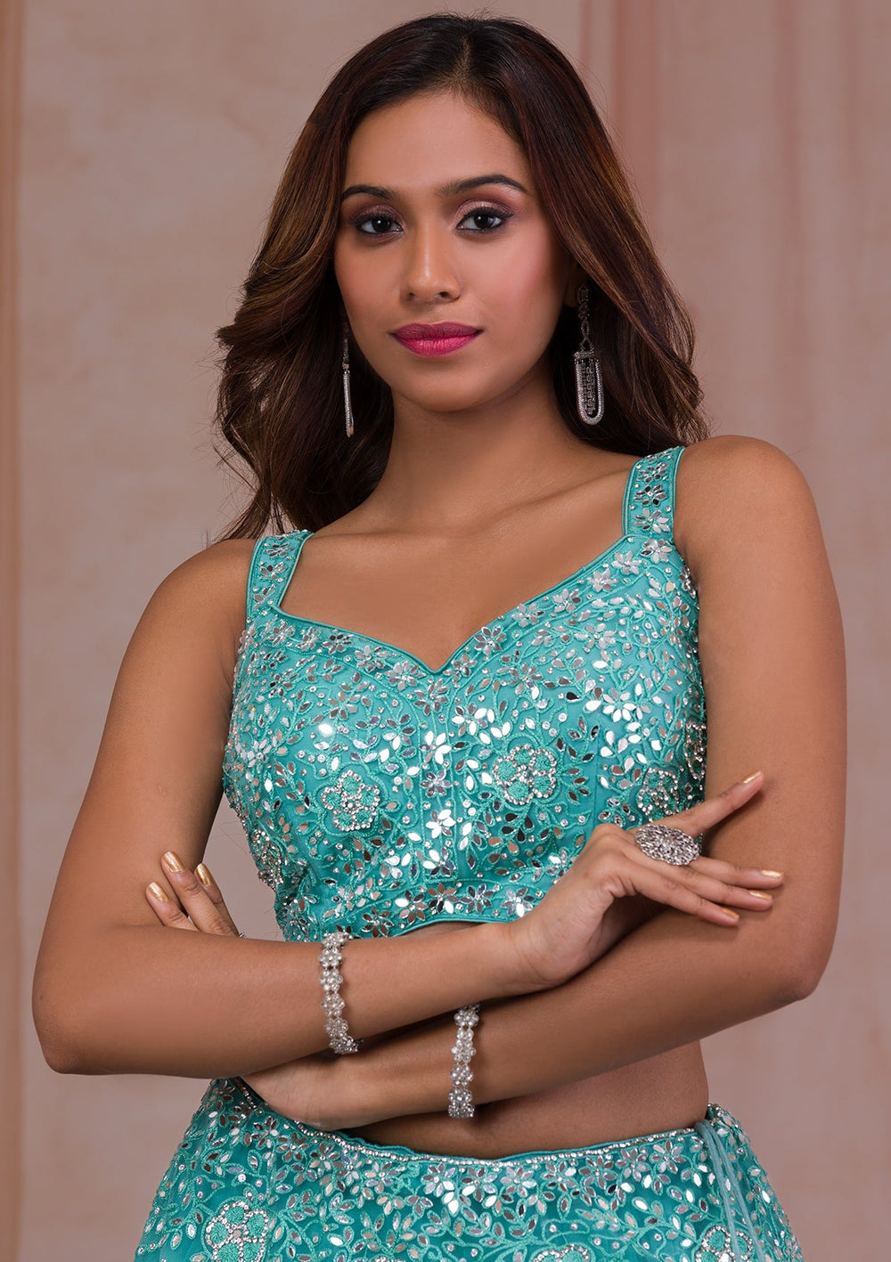 Sea Green Mirrorwork Net Readymade Lehenga-Koskii