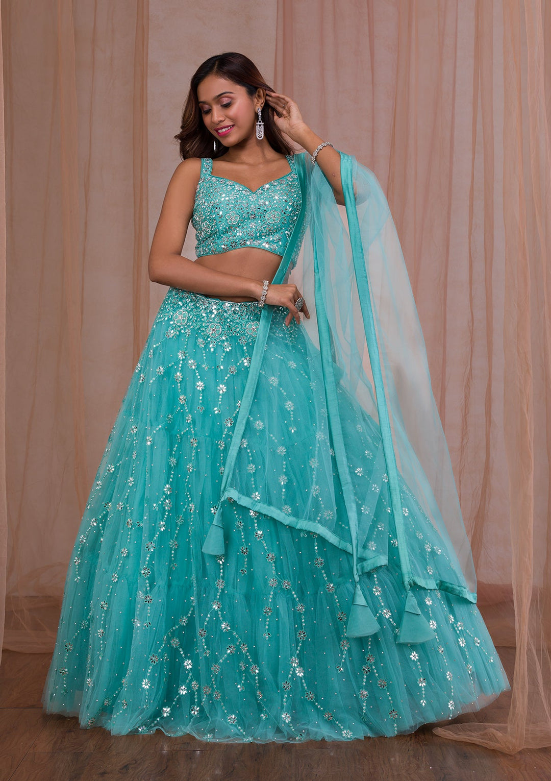 Sea Green Mirrorwork Net Readymade Lehenga-Koskii