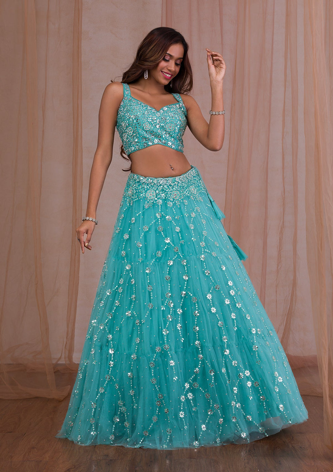 Sea Green Mirrorwork Net Readymade Lehenga-Koskii