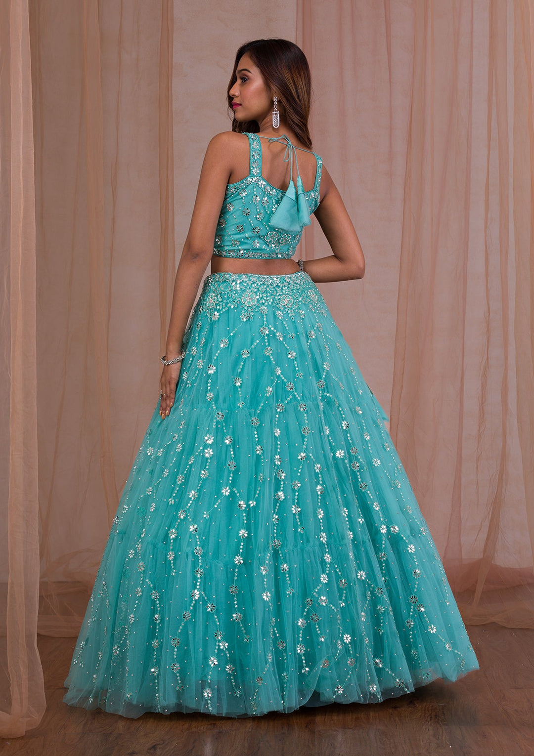 Sea Green Mirrorwork Net Readymade Lehenga-Koskii