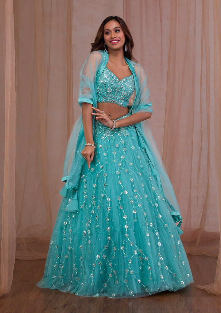 Sea Green Mirrorwork Net Readymade Lehenga-Koskii