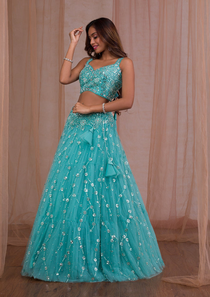 Sea Green Mirrorwork Net Readymade Lehenga-Koskii