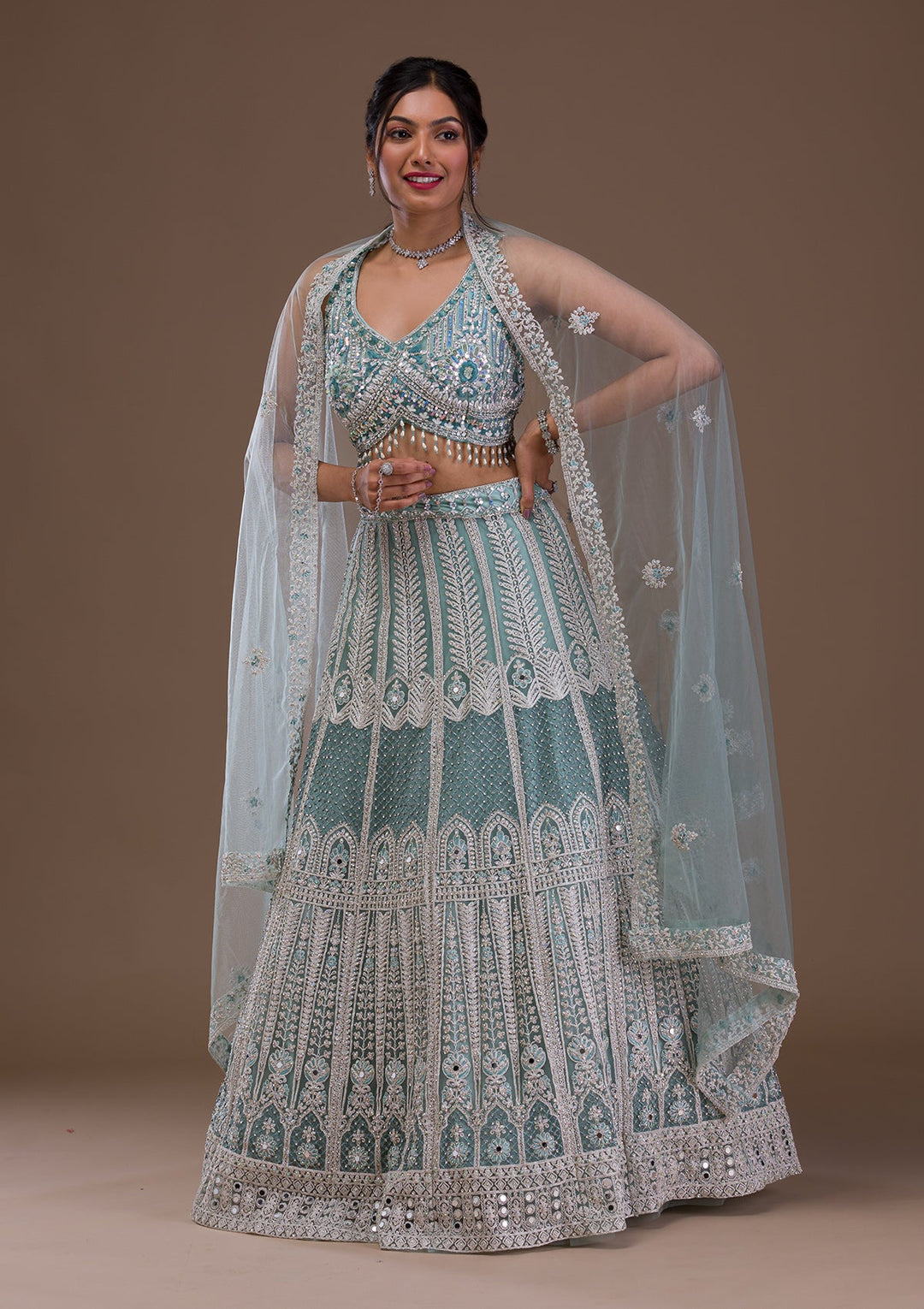 Sea Green Mirrorwork Net Readymade Lehenga-Koskii