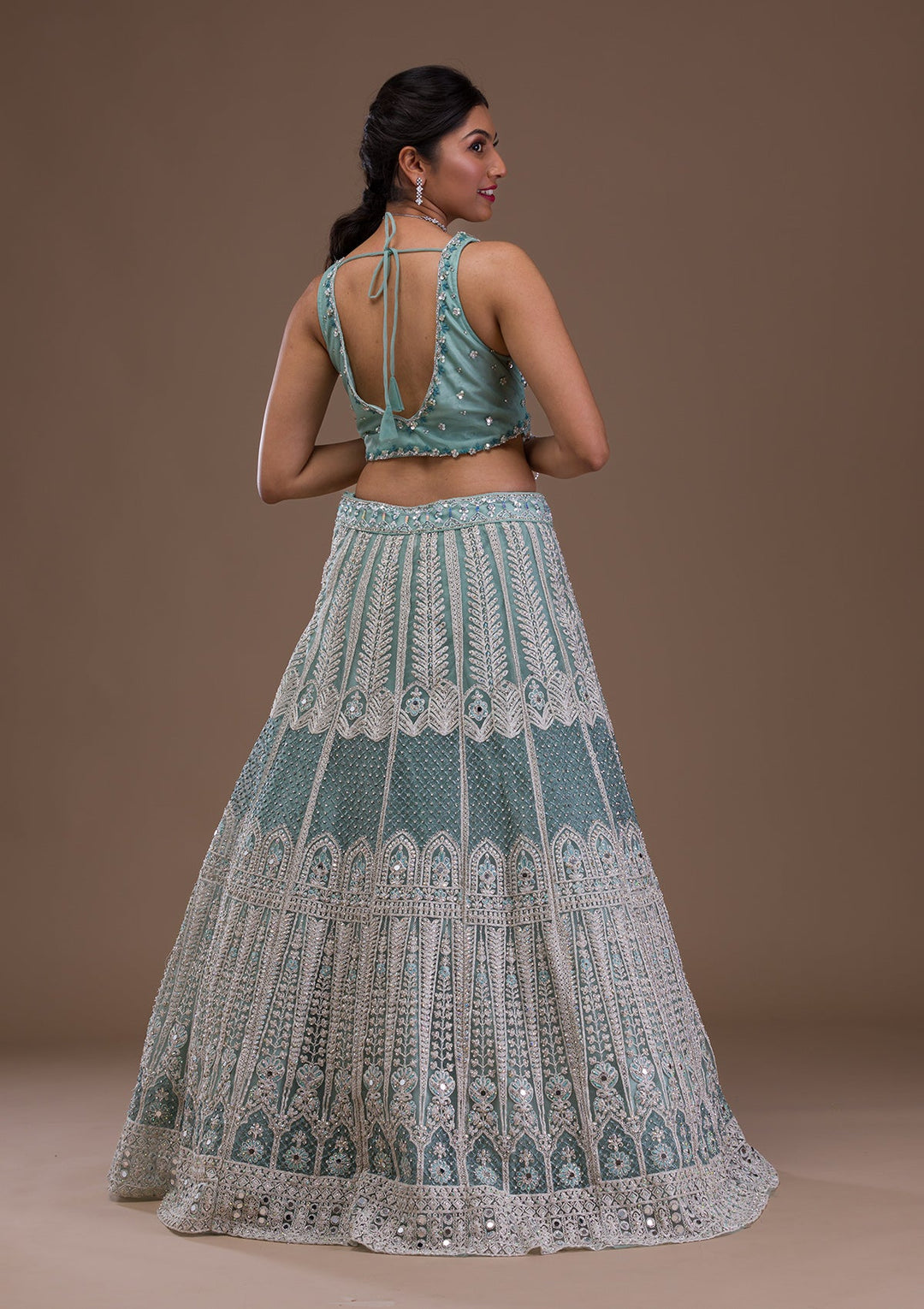 Sea Green Mirrorwork Net Readymade Lehenga-Koskii
