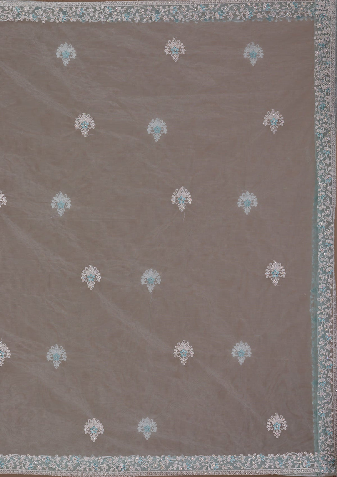 Sea Green Mirrorwork Net Readymade Lehenga-Koskii