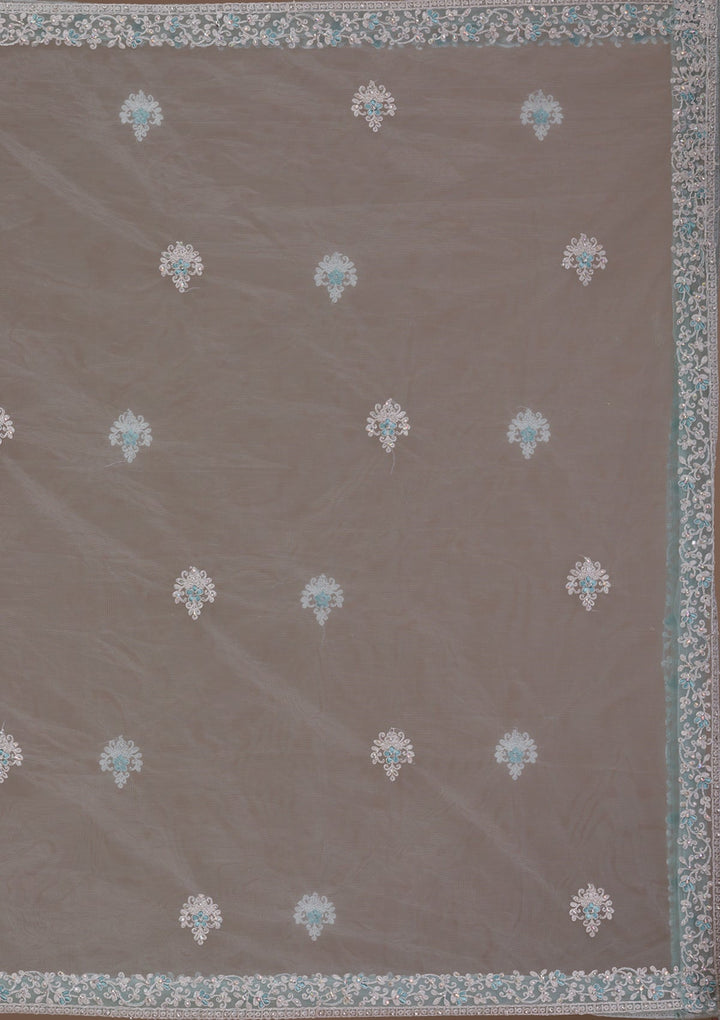 Sea Green Mirrorwork Net Readymade Lehenga-Koskii