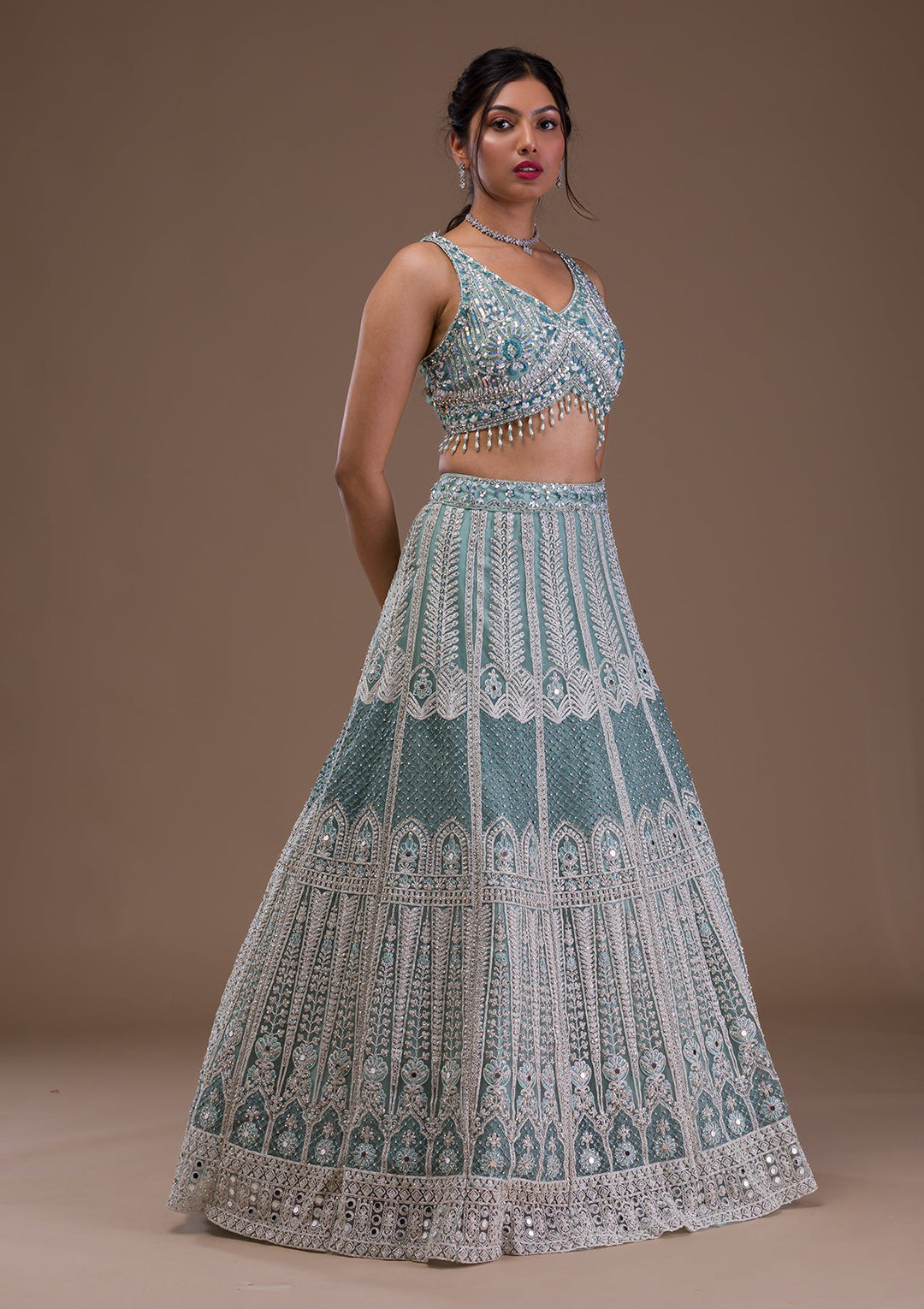 Sea Green Mirrorwork Net Readymade Lehenga-Koskii