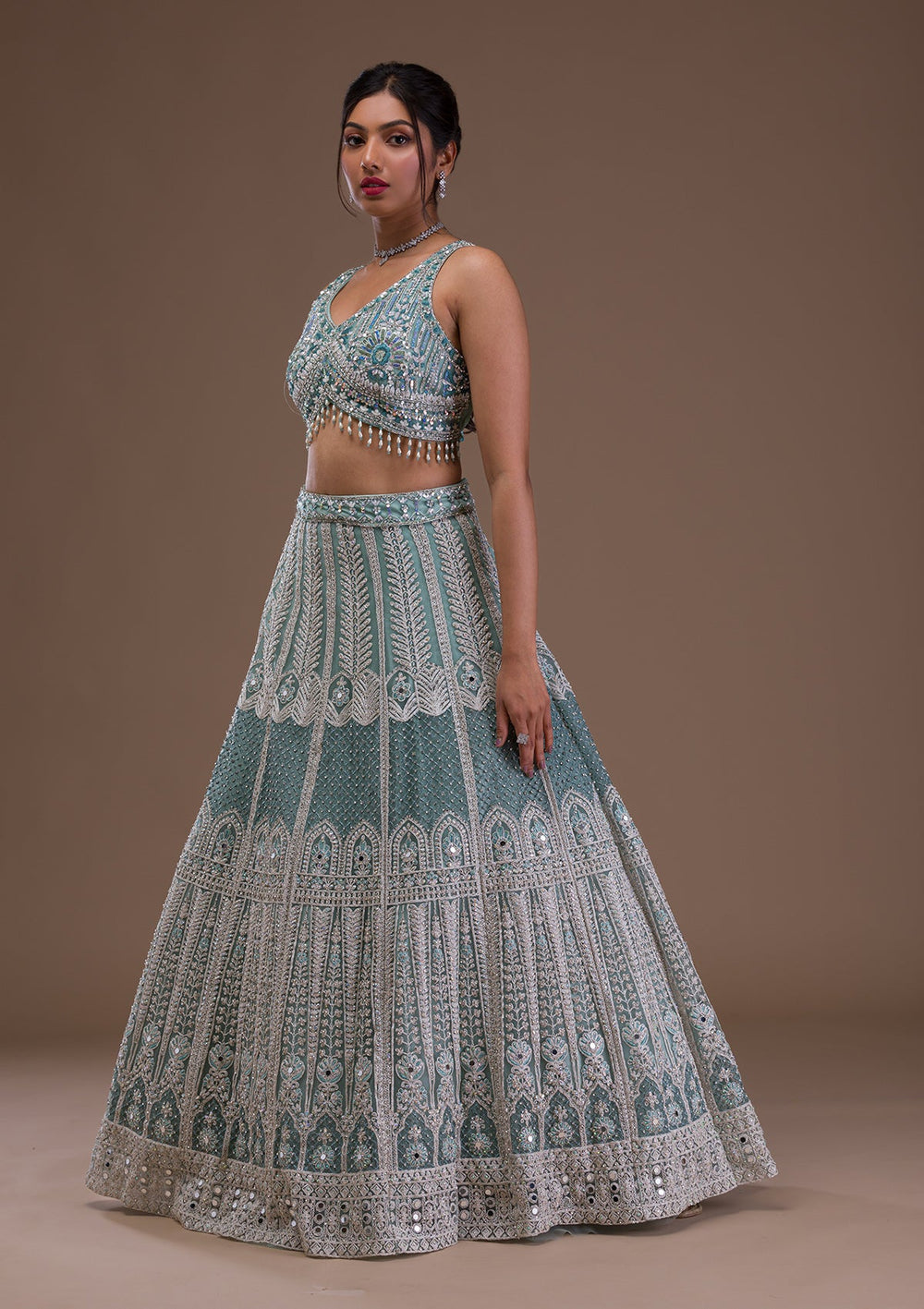 Sea Green Mirrorwork Net Readymade Lehenga-Koskii