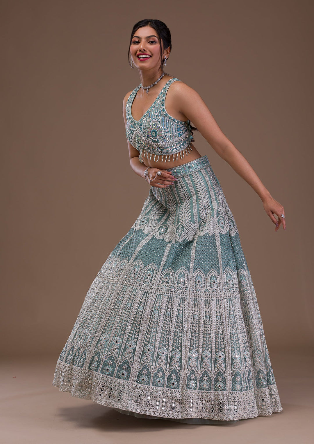 Sea Green Mirrorwork Net Readymade Lehenga-Koskii