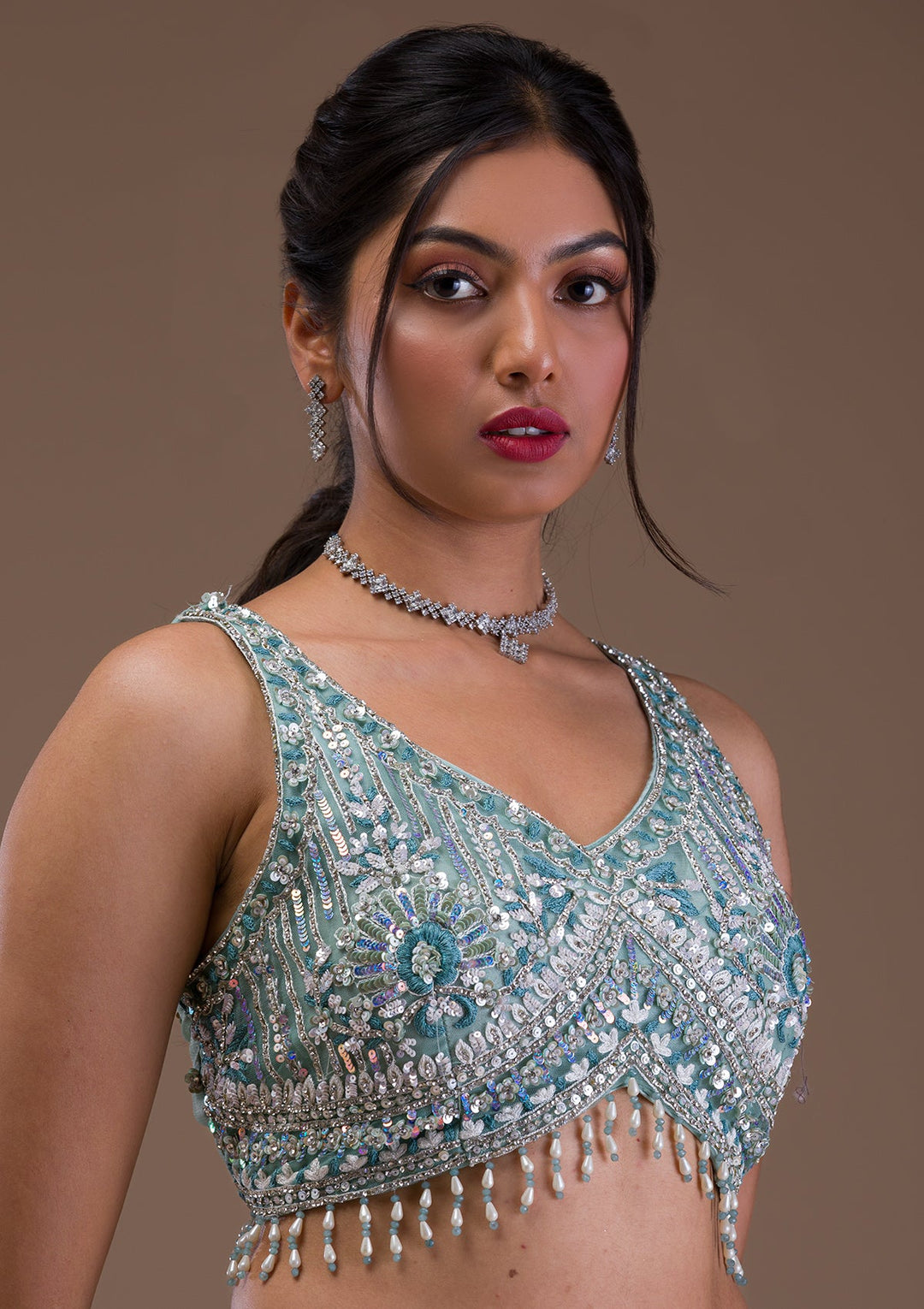 Sea Green Mirrorwork Net Readymade Lehenga-Koskii