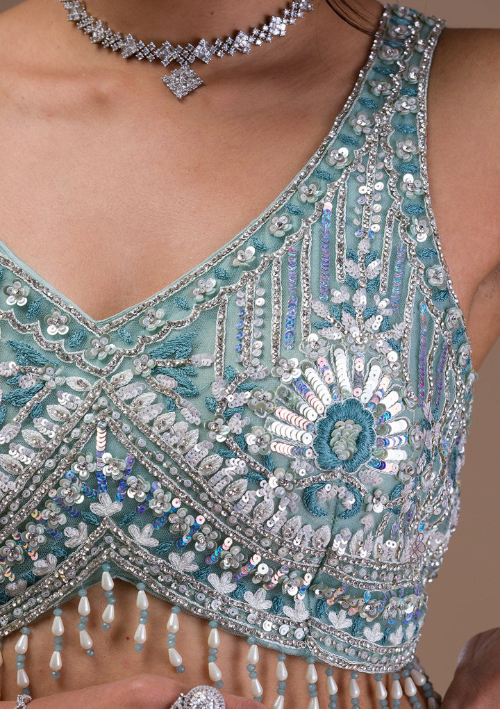 Sea Green Mirrorwork Net Readymade Lehenga-Koskii