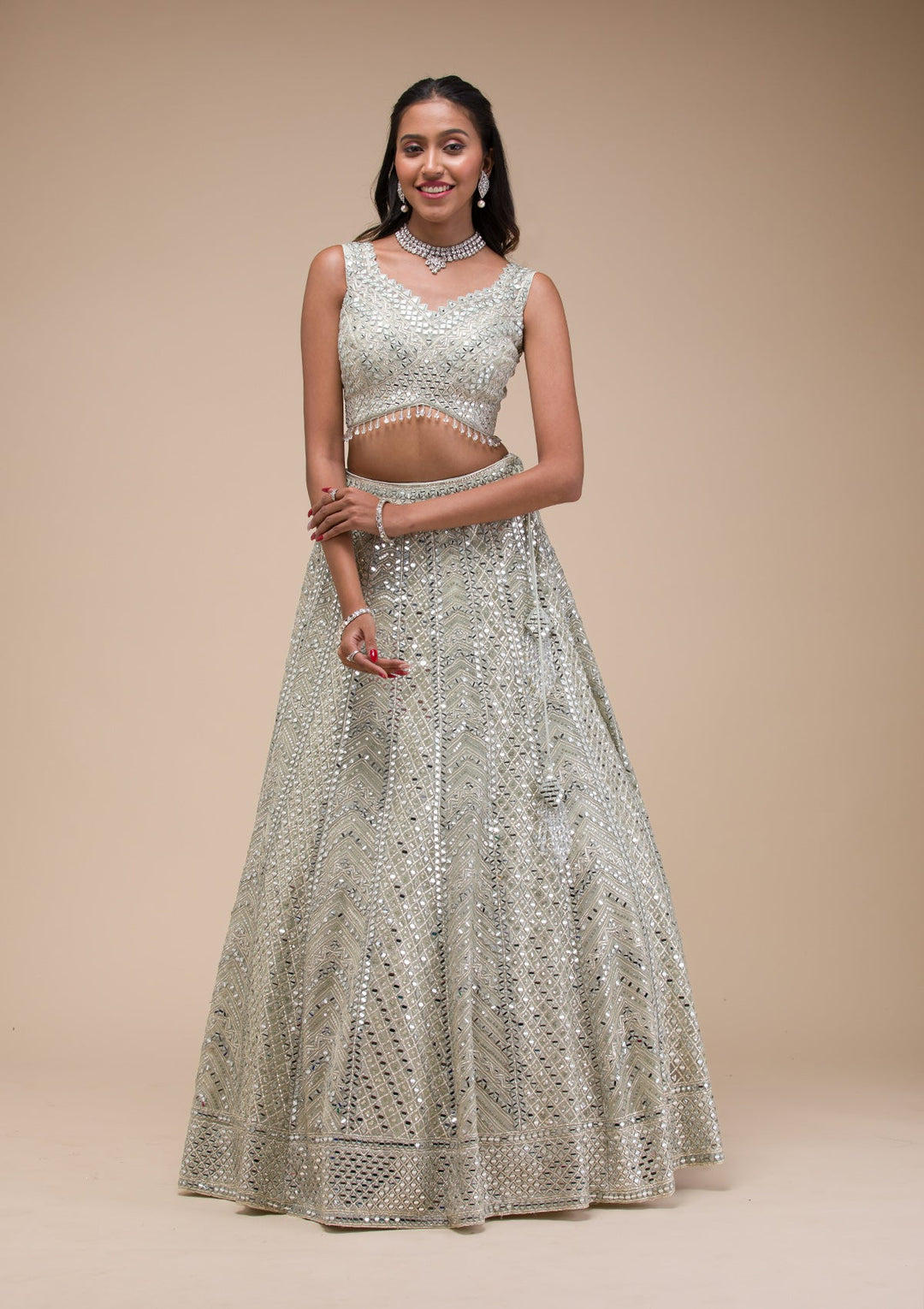 Sea Green Mirrorwork Net Readymade Lehenga-Koskii
