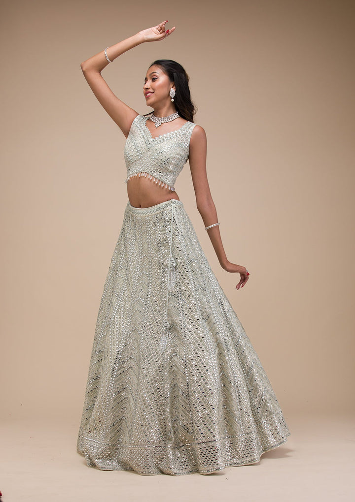 Sea Green Mirrorwork Net Readymade Lehenga-Koskii