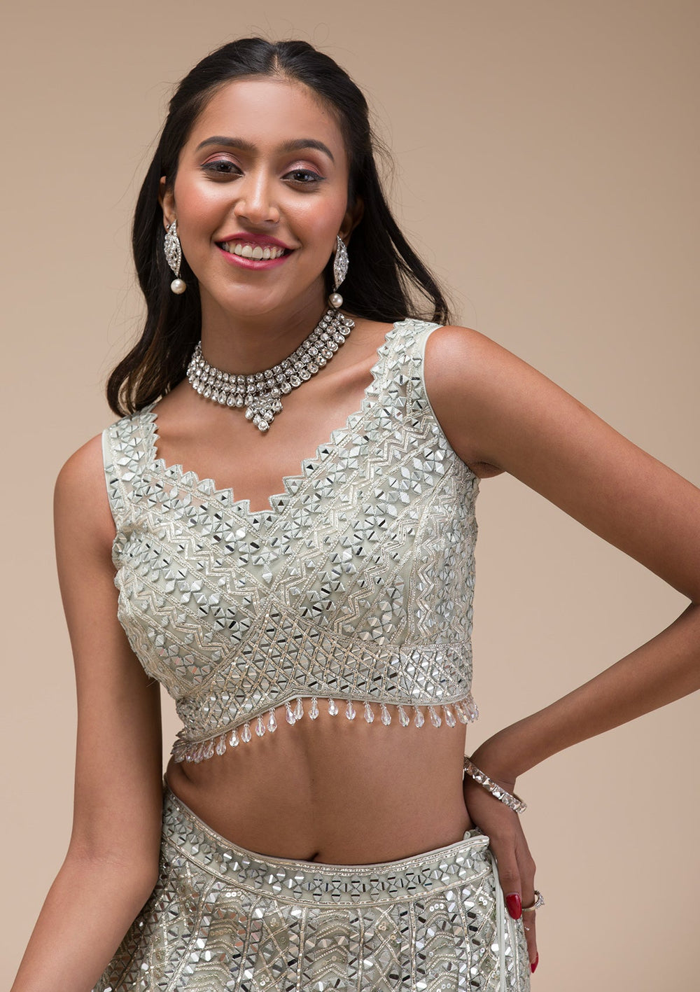 Sea Green Mirrorwork Net Readymade Lehenga-Koskii