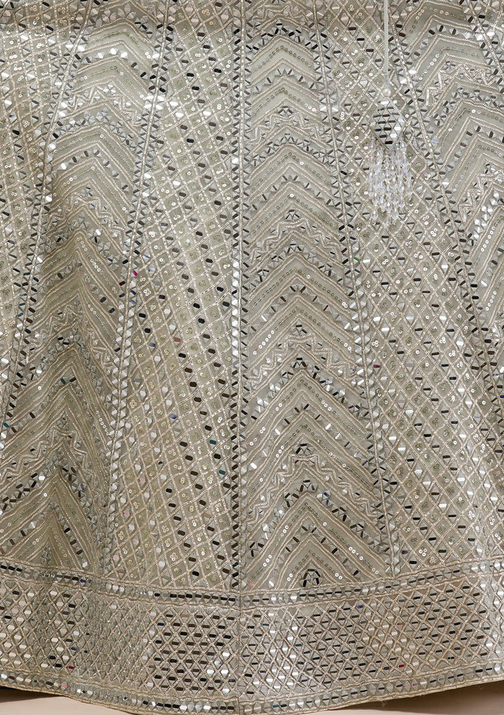 Sea Green Mirrorwork Net Readymade Lehenga-Koskii