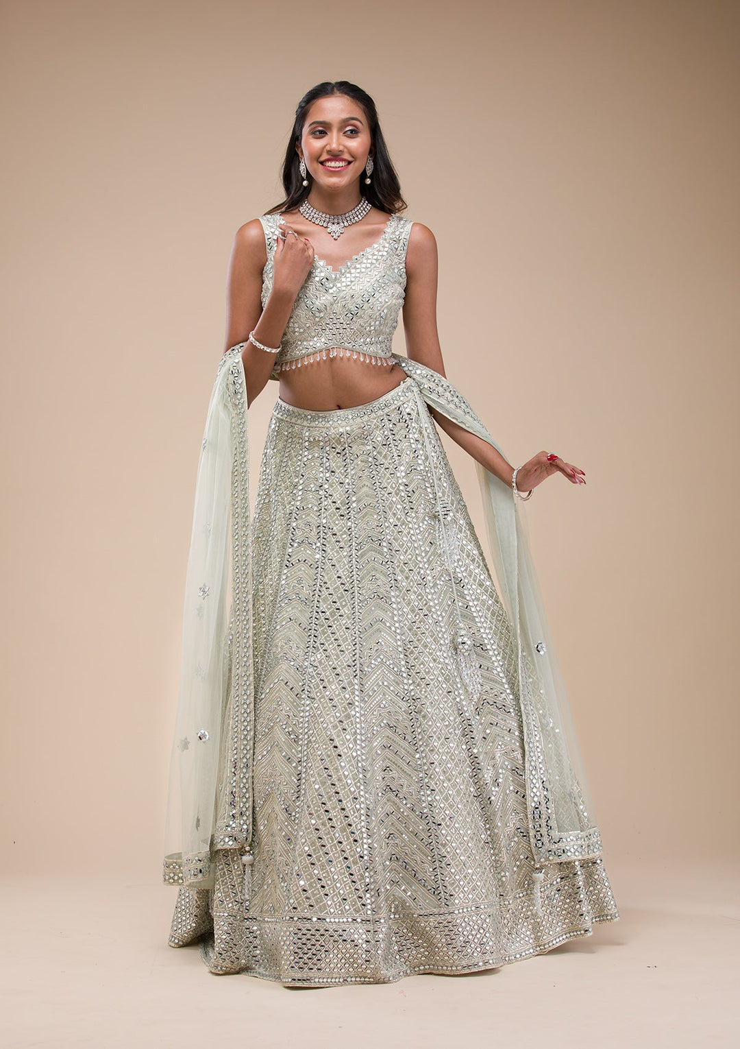 Sea Green Mirrorwork Net Readymade Lehenga-Koskii
