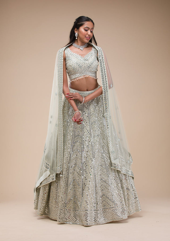 Sea Green Mirrorwork Net Readymade Lehenga-Koskii
