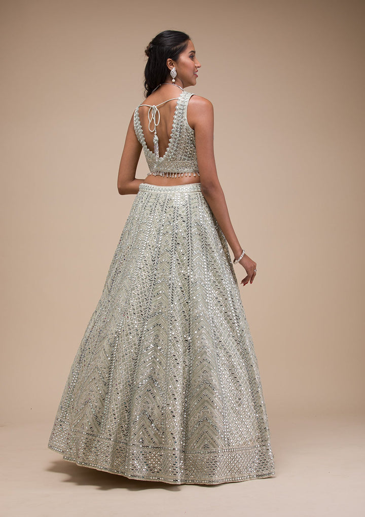 Sea Green Mirrorwork Net Readymade Lehenga-Koskii
