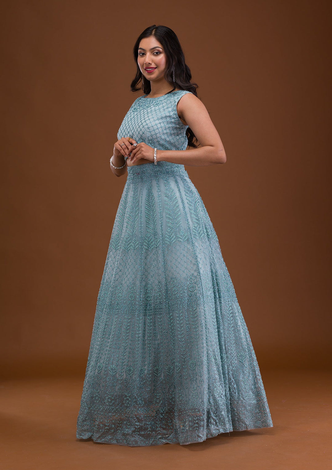 Sea Green Pearlwork Net Readymade Lehenga-Koskii