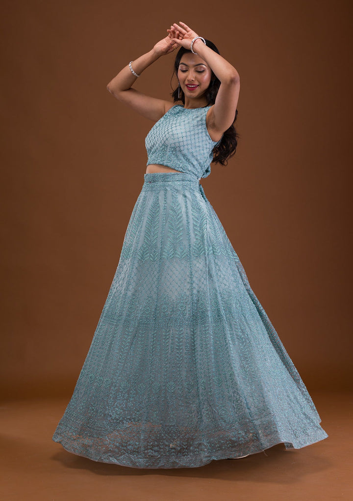 Sea Green Pearlwork Net Readymade Lehenga-Koskii